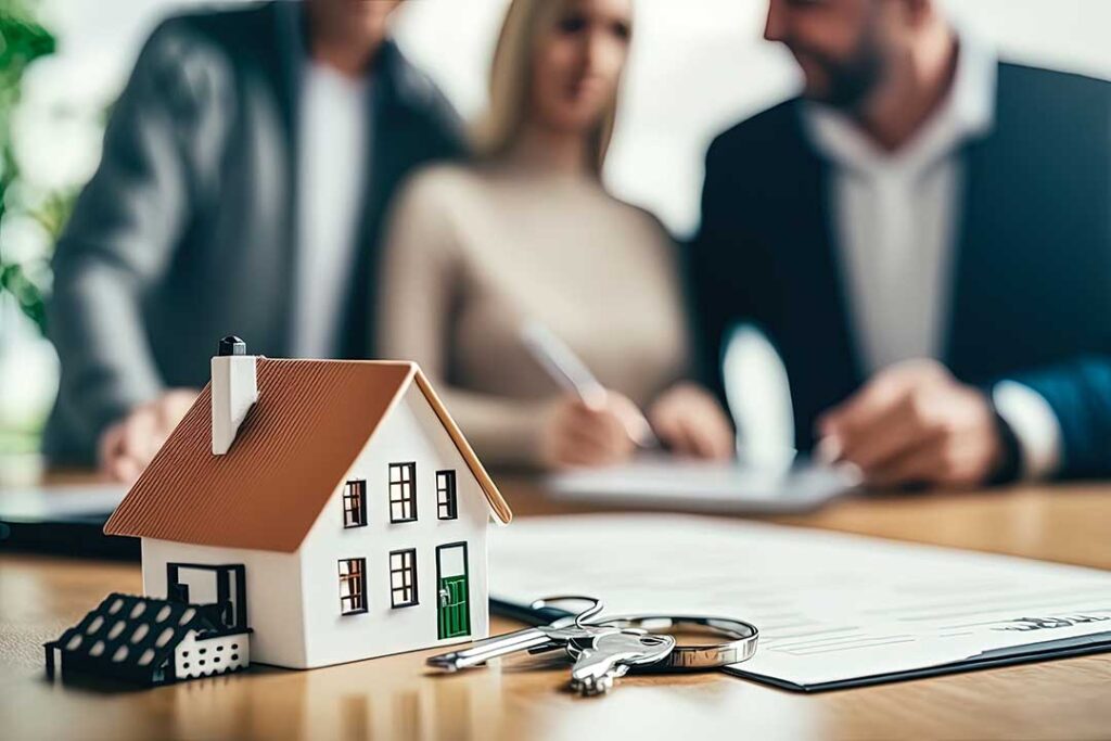 Buyers review house documents at a kitchen table beside a calculator and set of keys.